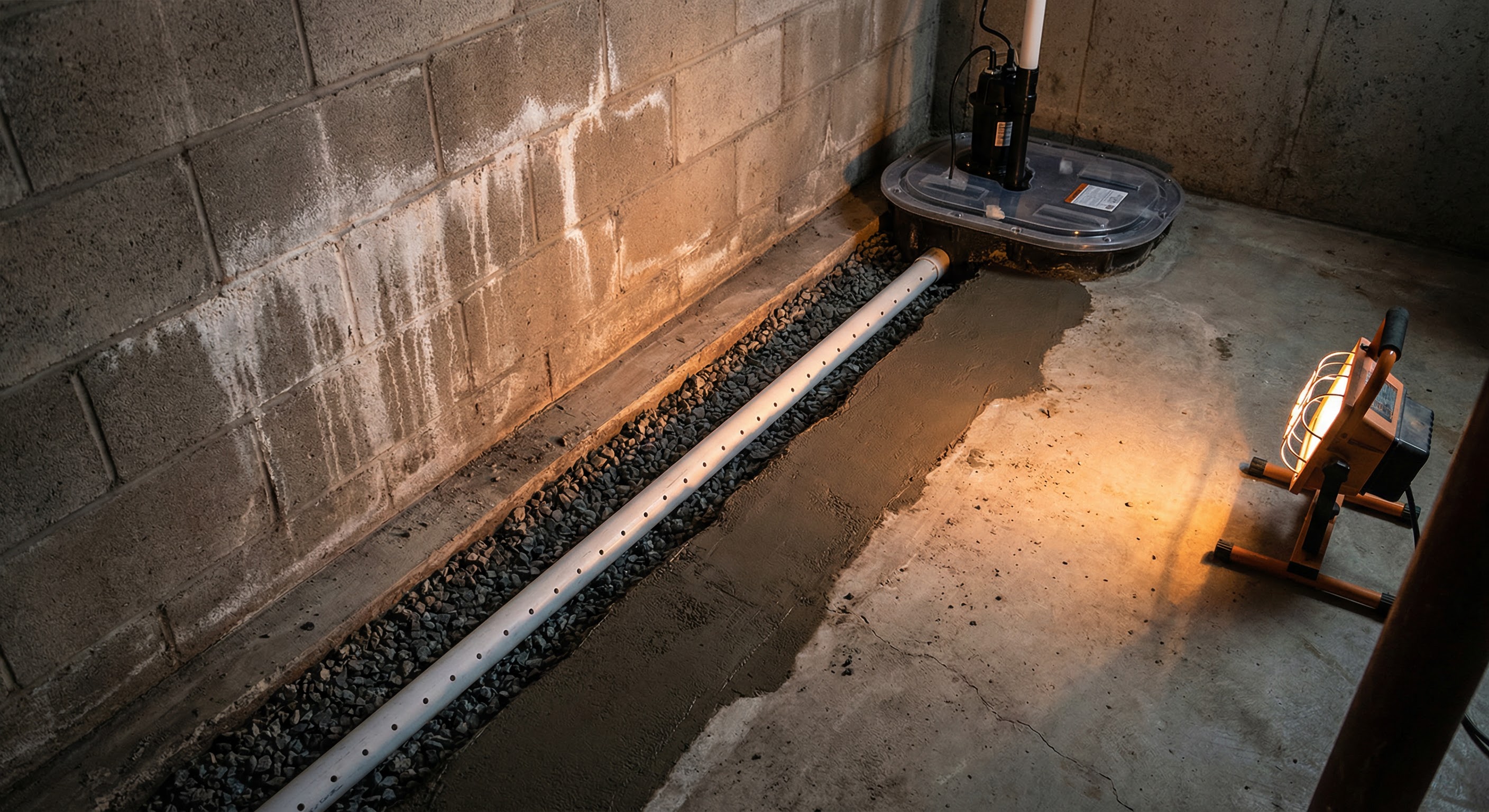 Interior drain tile waterproofing system in a Cleveland basement