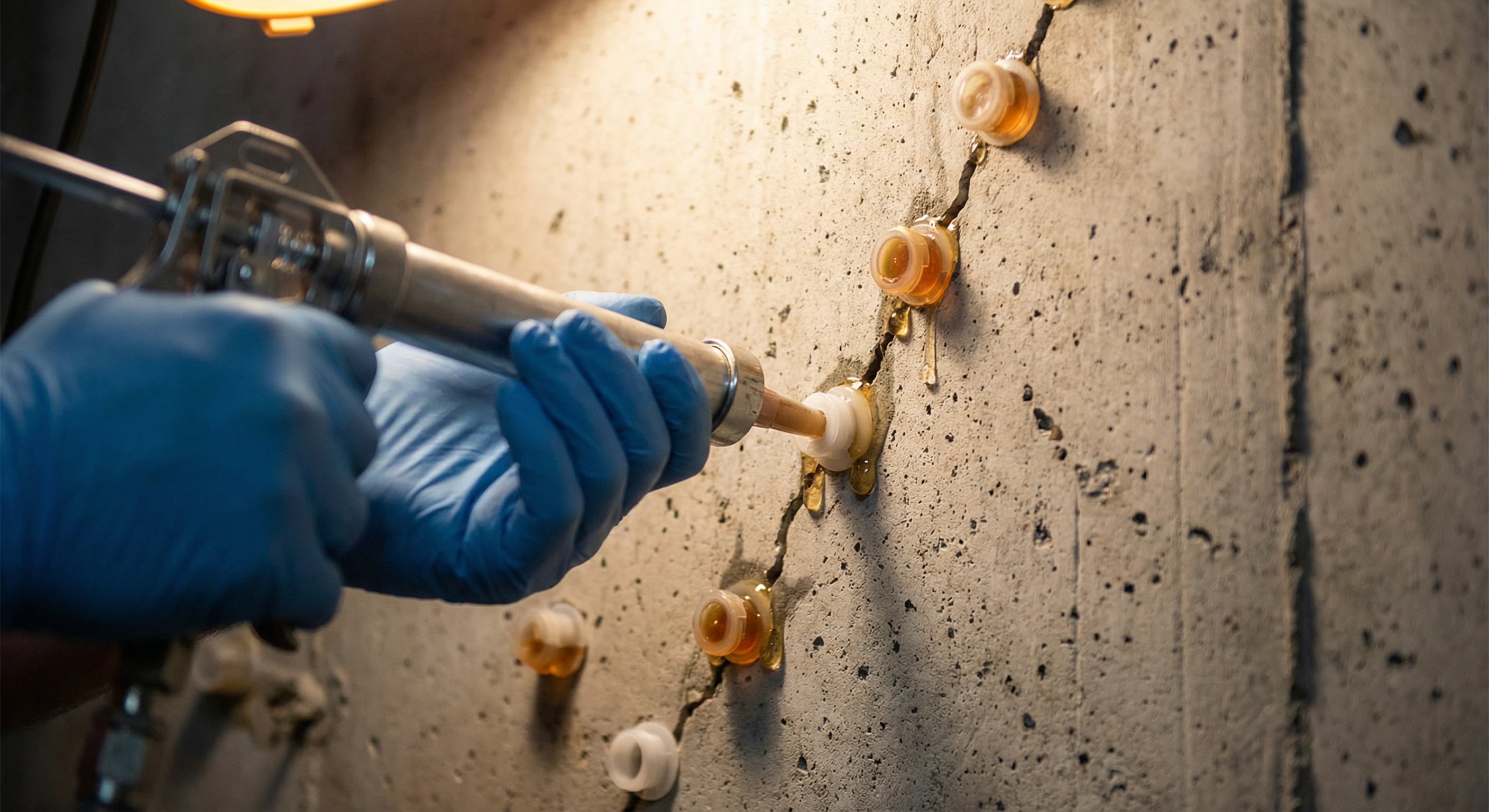 Structural epoxy injection in a foundation wall crack in Cleveland, Ohio
