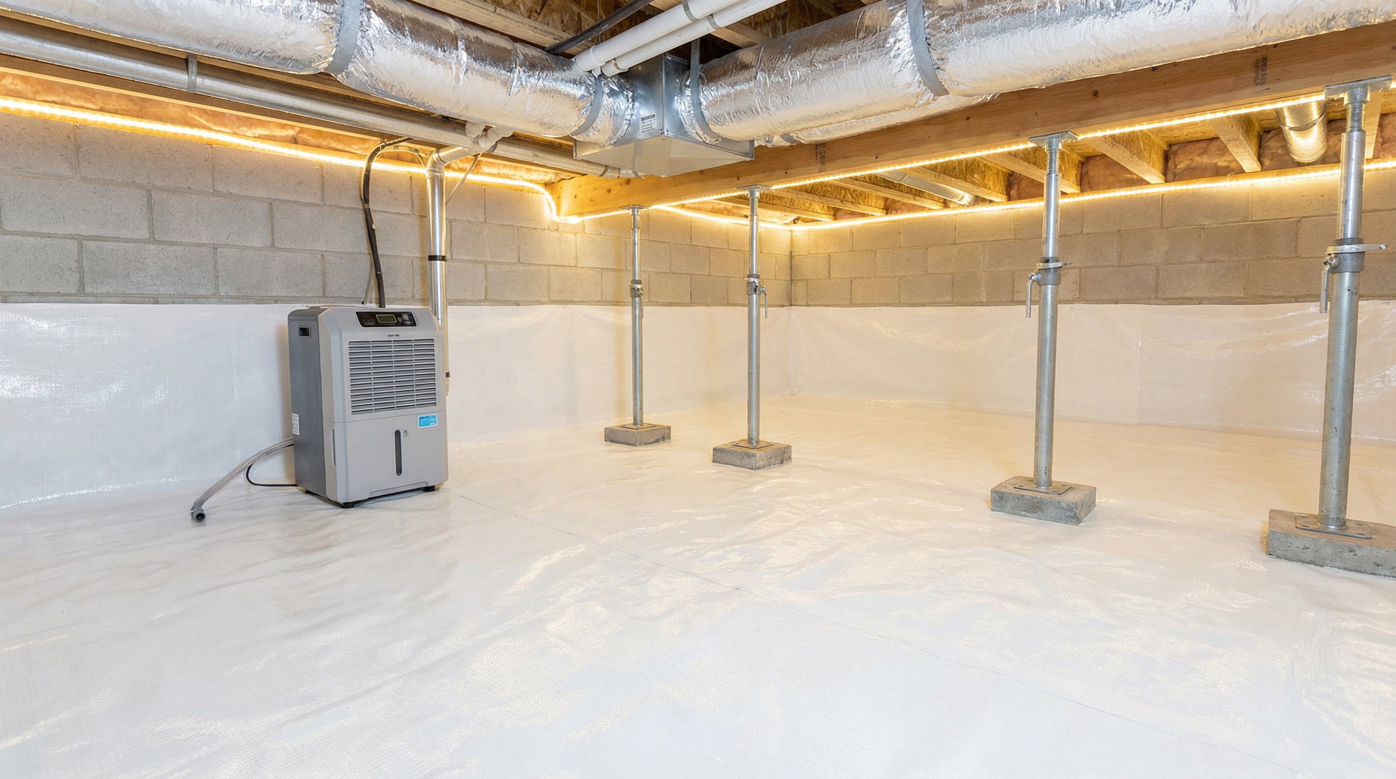 Encapsulated crawlspace with vapor barrier and structural supports in Cleveland