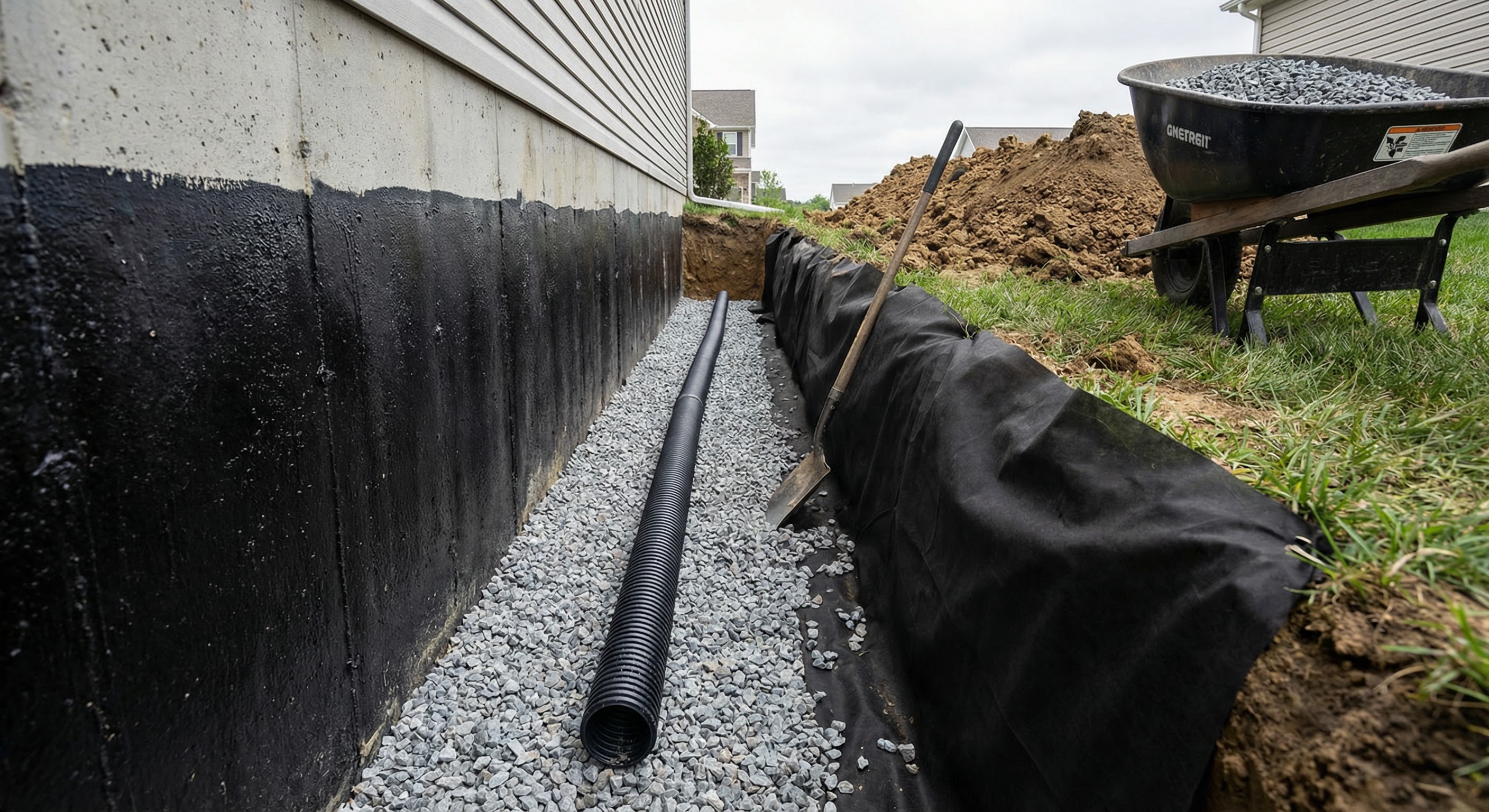 French drain installation with perforated pipe near a Cleveland home foundation
