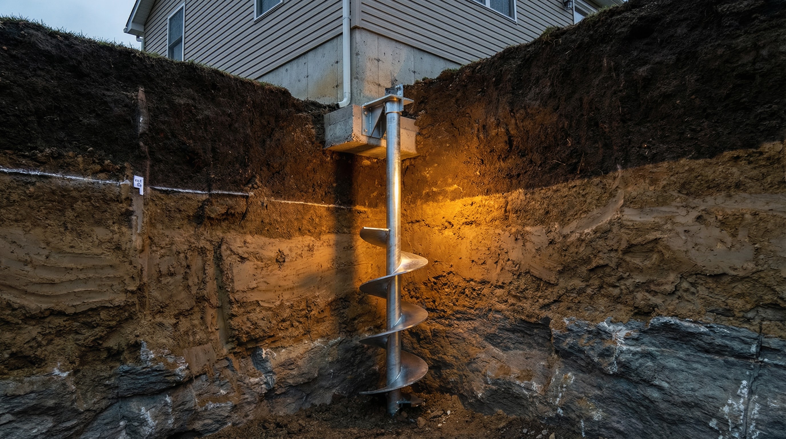Helical pier installation for foundation repair in Cleveland, Ohio
