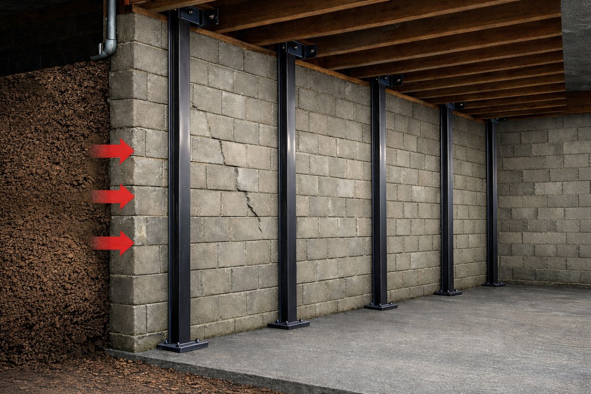 Vertical steel I-beam wall stabilization on a bowed basement wall in Cleveland